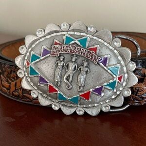 LINE DANCIN Solid Pewter Enamel GAP 1996 Belt Buckle Vintage w/ Tooled Belt L